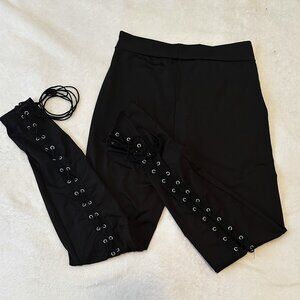 Black Lace Up Leggings Corset Style Side Tie Athleisure Pants